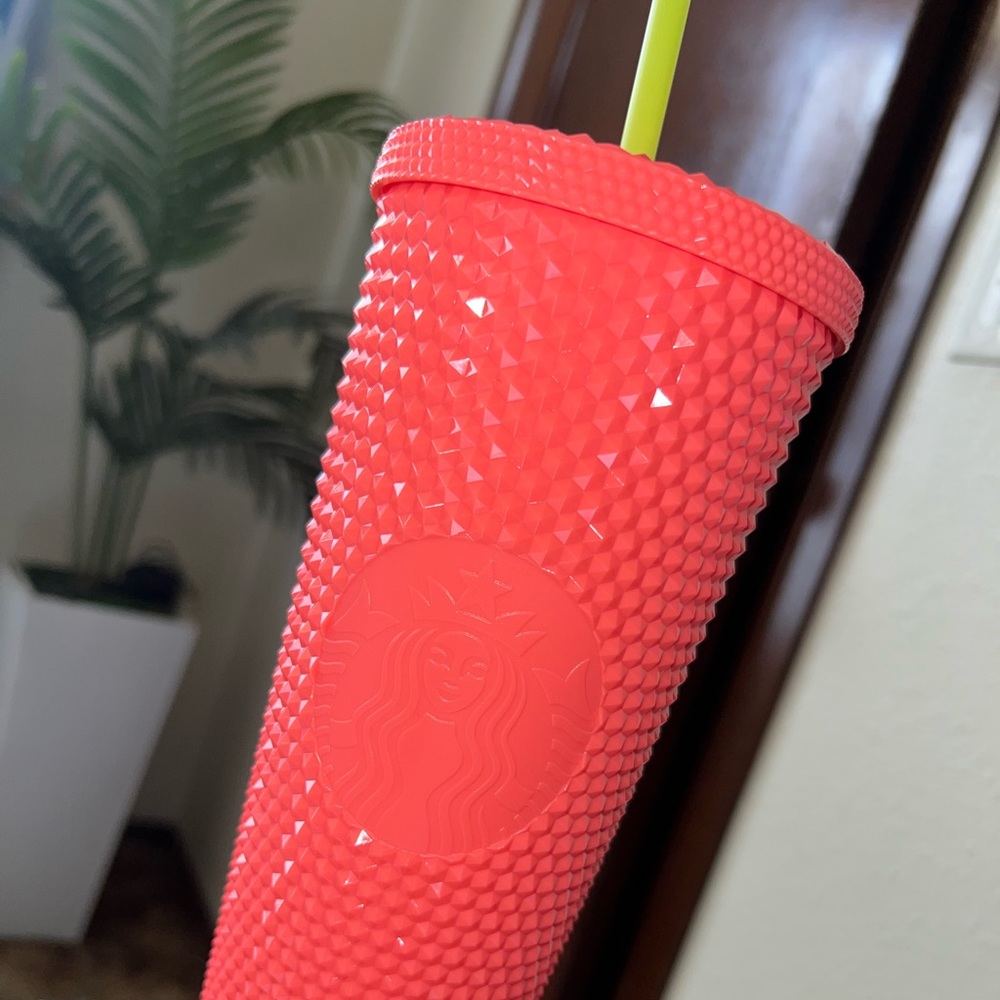 Coral Pink Orange Peach Studded Pearl Starbucks Cup